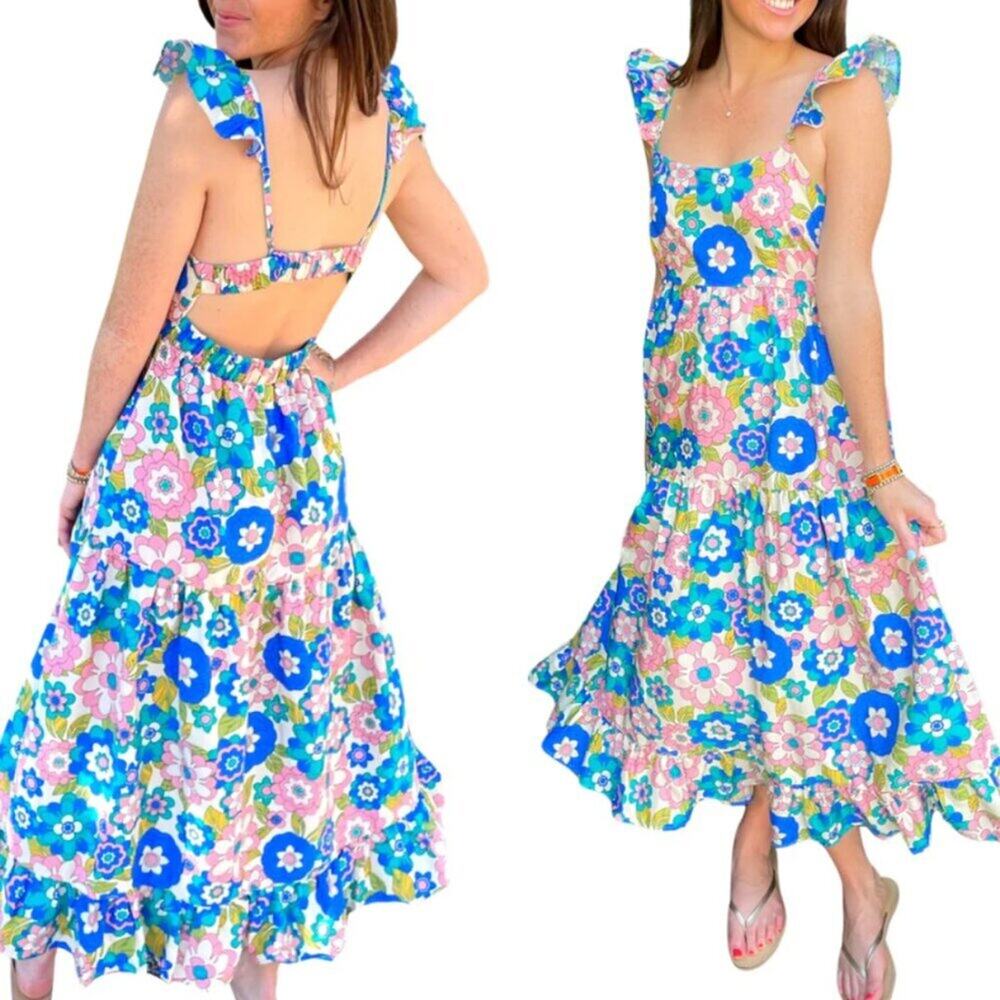 FORE Dress Women's Medium M Maxi Vintage Floral Open Back Flutter Sleeve